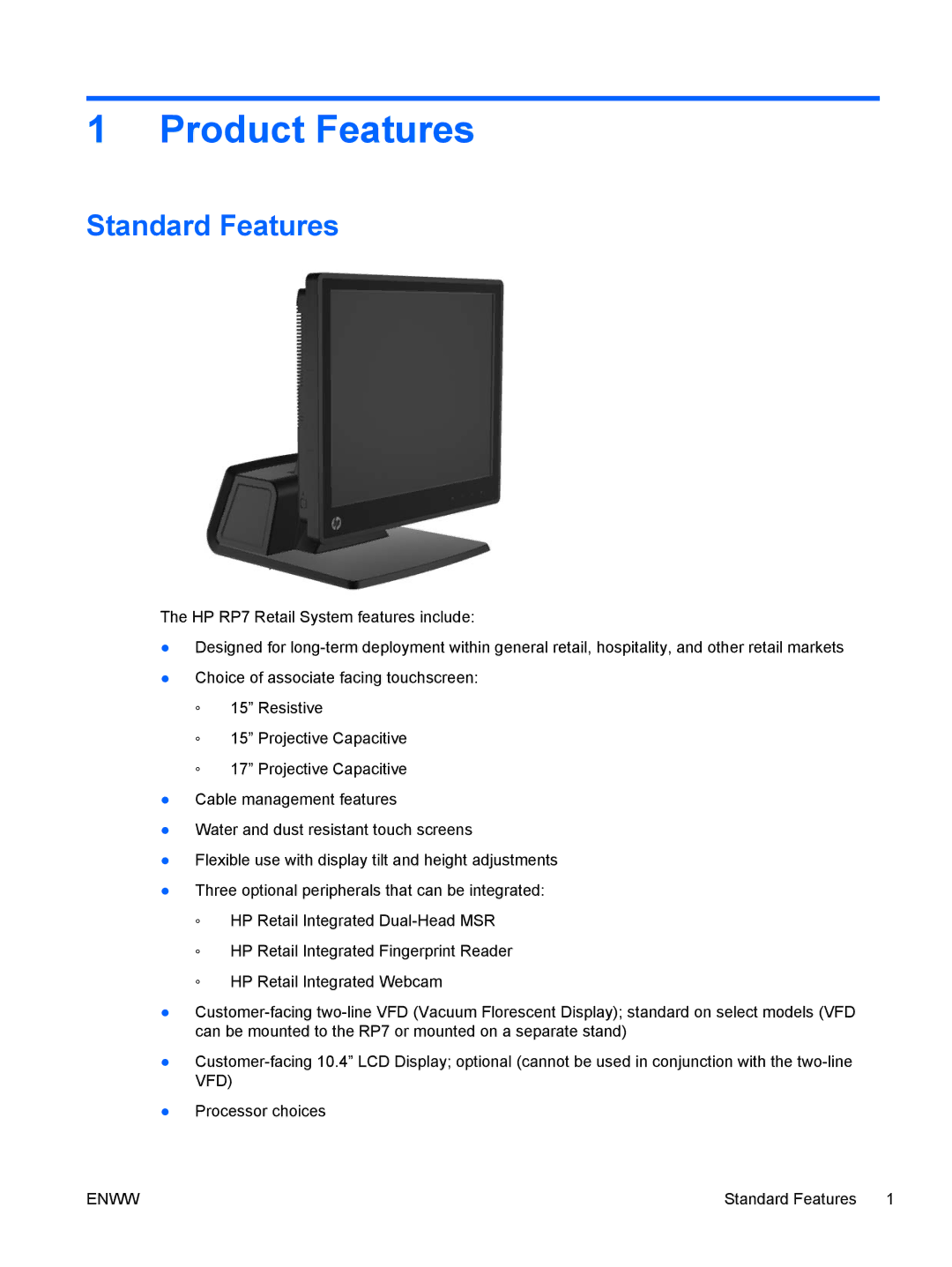 HP RP7 7800 Base Model manual Product Features, Standard Features 