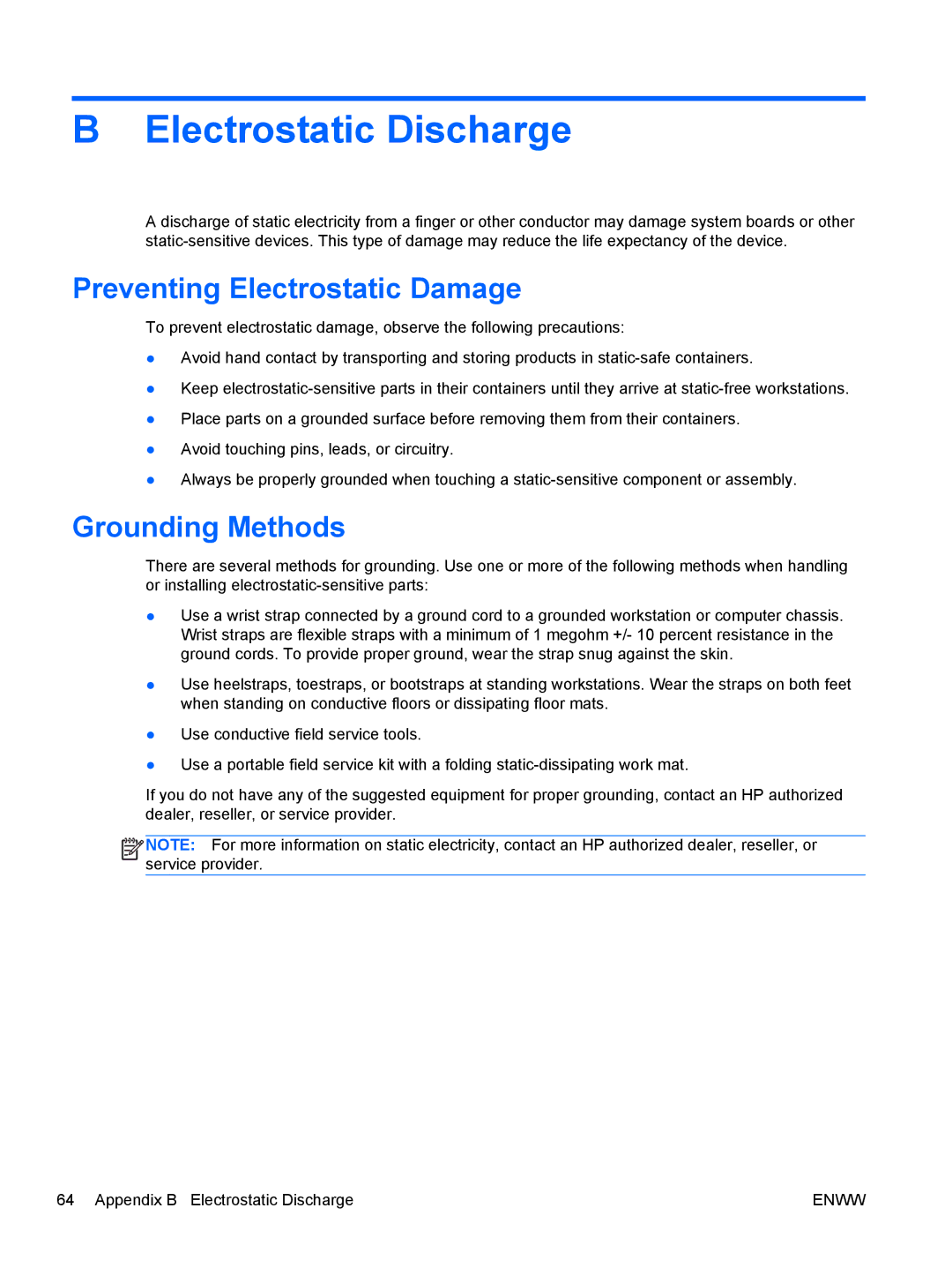 HP RP7 7800 Base Model manual Preventing Electrostatic Damage, Grounding Methods 