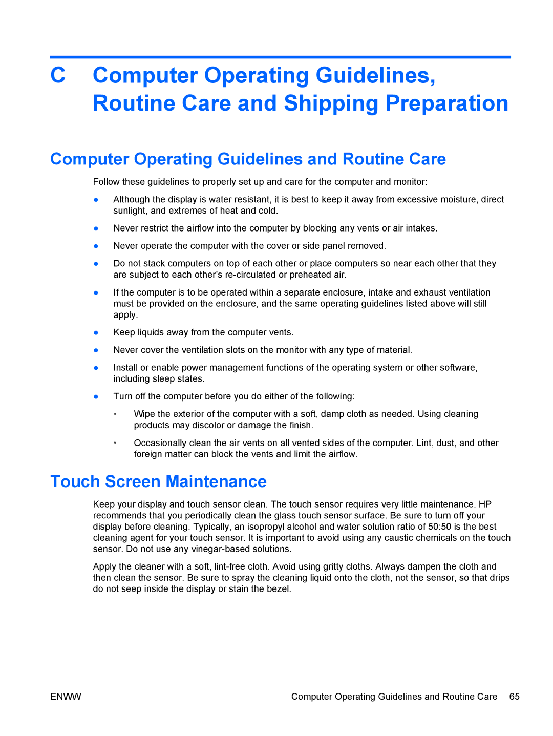 HP RP7 7800 Base Model manual Computer Operating Guidelines and Routine Care, Touch Screen Maintenance 