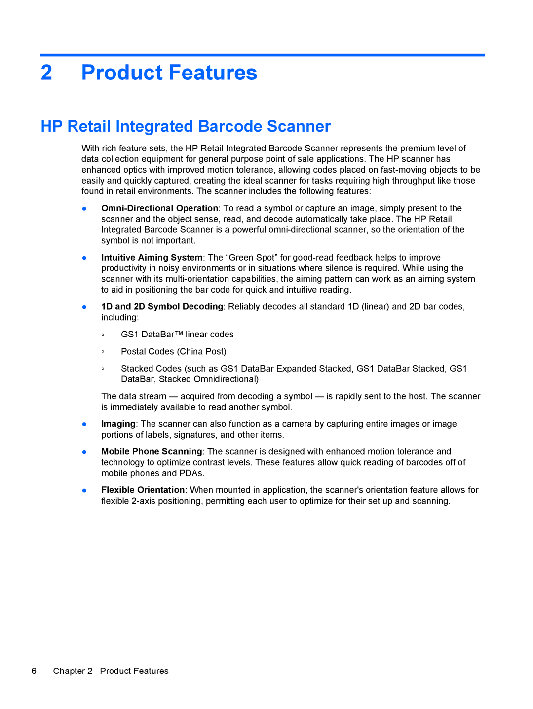 HP RP7 7800 manual Product Features, HP Retail Integrated Barcode Scanner 