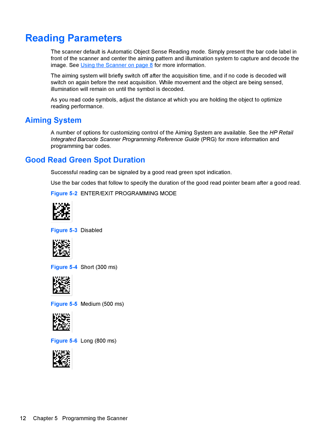 HP RP7 7800 manual Reading Parameters, Aiming System, Good Read Green Spot Duration 