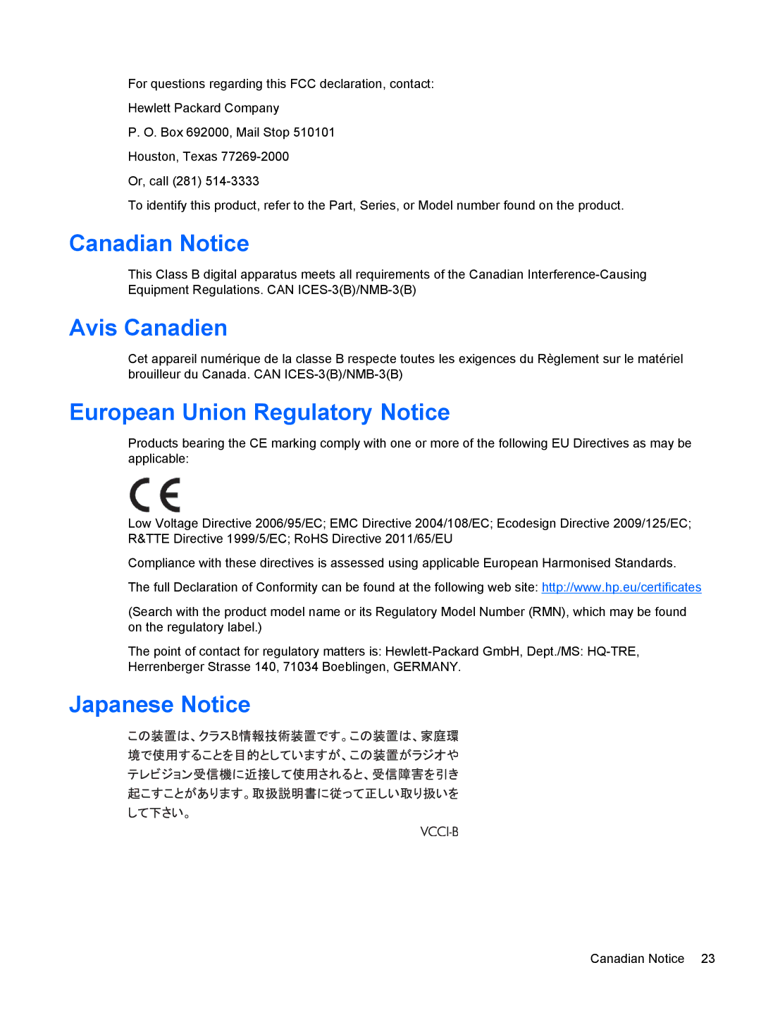 HP RP7 7800 manual Canadian Notice, Avis Canadien, European Union Regulatory Notice, Japanese Notice 