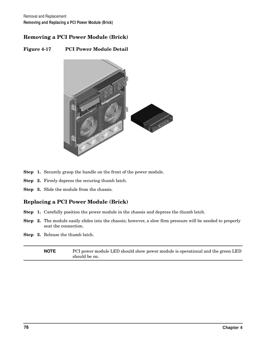 HP RP7405/7410 manual Removing a PCI Power Module Brick, Replacing a PCI Power Module Brick 