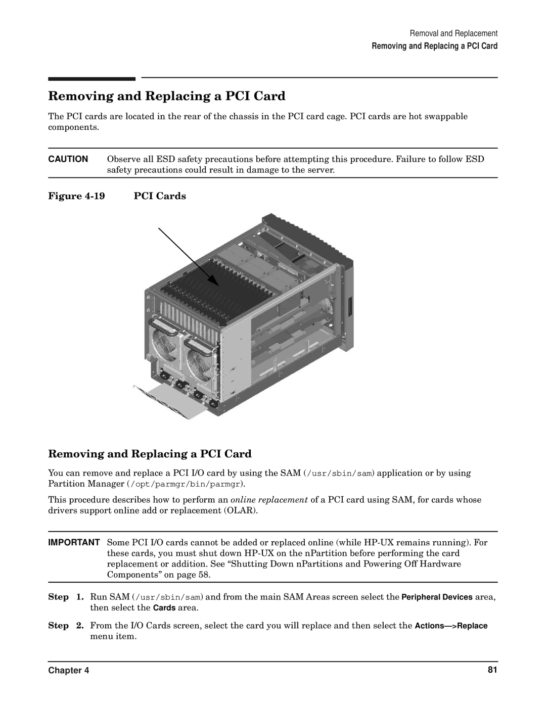 HP RP7405/7410 manual Removing and Replacing a PCI Card, PCI Cards 