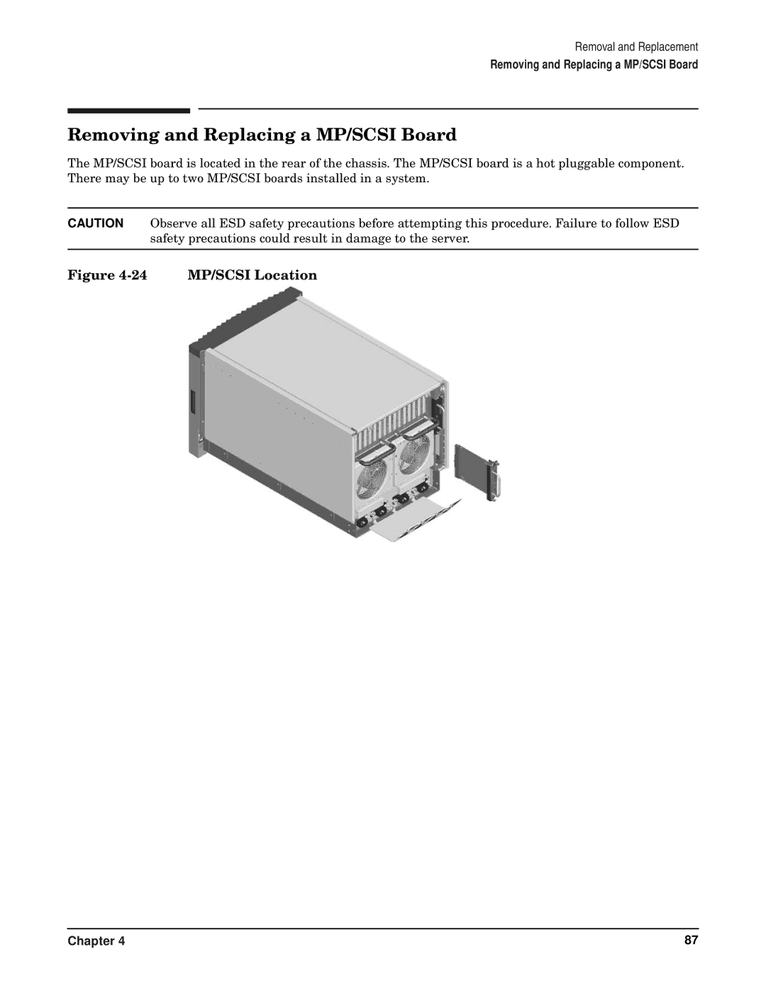 HP RP7405/7410 manual Removing and Replacing a MP/SCSI Board, 24 MP/SCSI Location 