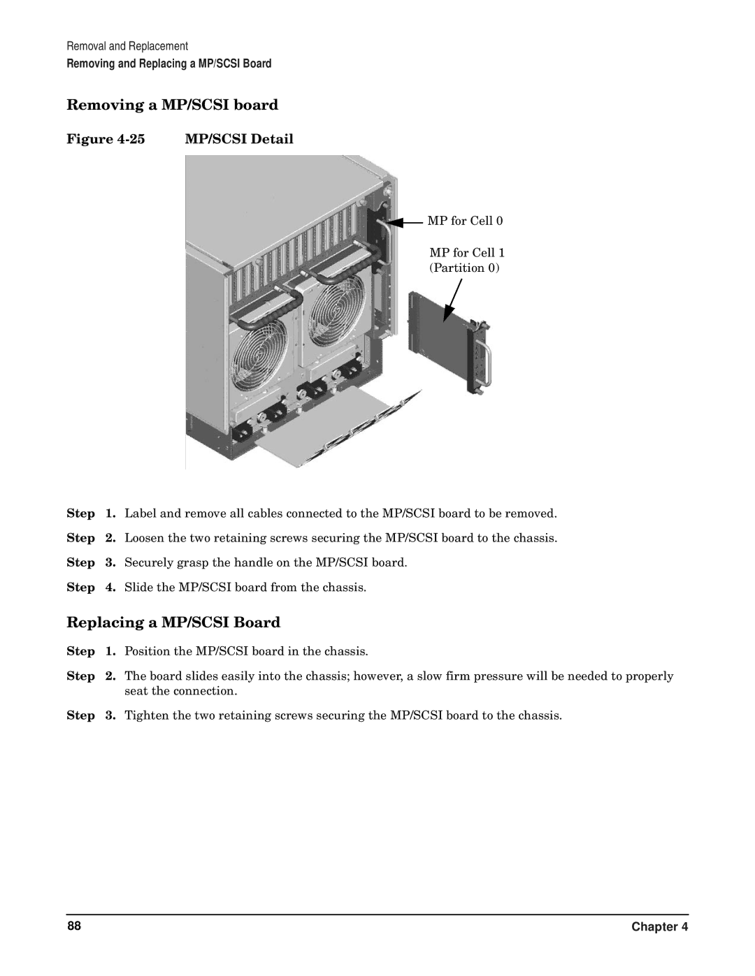 HP RP7405/7410 manual Removing a MP/SCSI board, Replacing a MP/SCSI Board, MP/SCSI Detail 