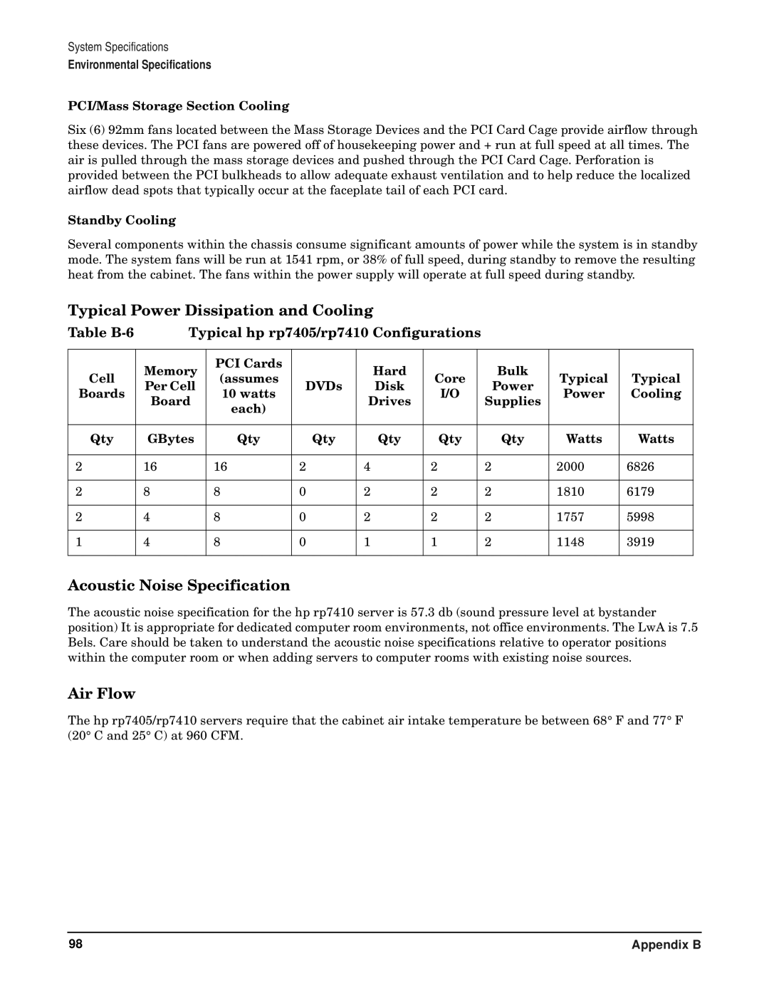 HP RP7405/7410 manual Typical Power Dissipation and Cooling, Acoustic Noise Specification, Air Flow 