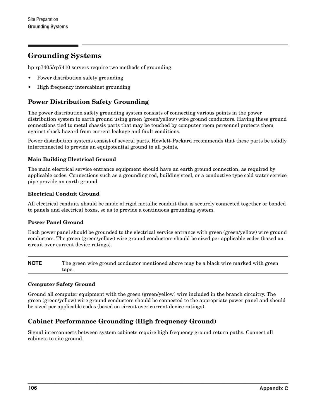 HP RP7405/7410 Grounding Systems, Power Distribution Safety Grounding, Cabinet Performance Grounding High frequency Ground 