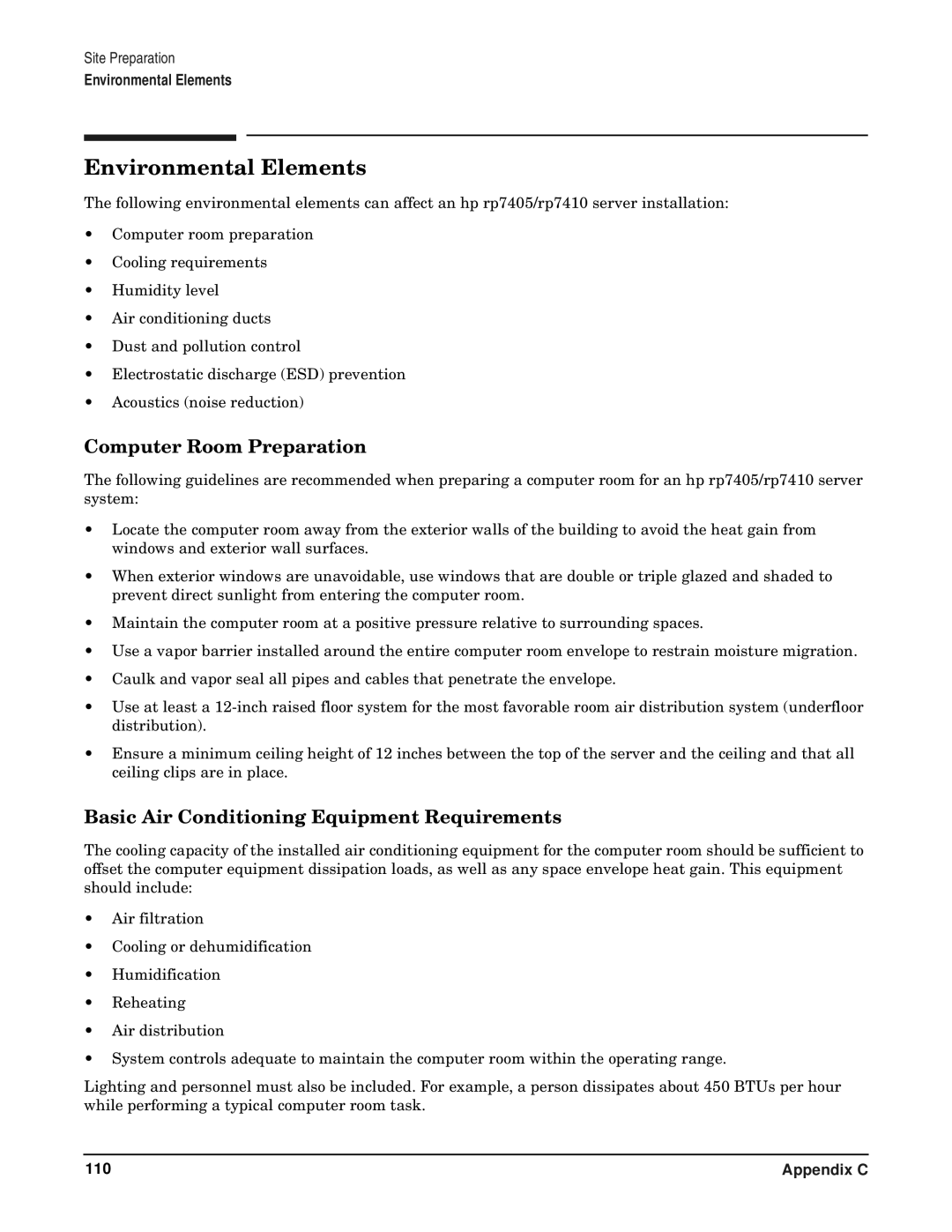 HP RP7405/7410 manual Environmental Elements, Computer Room Preparation, Basic Air Conditioning Equipment Requirements 