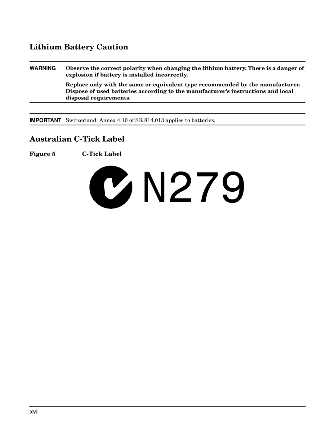 HP RP7405/7410 manual Lithium Battery Caution, Australian C-Tick Label 