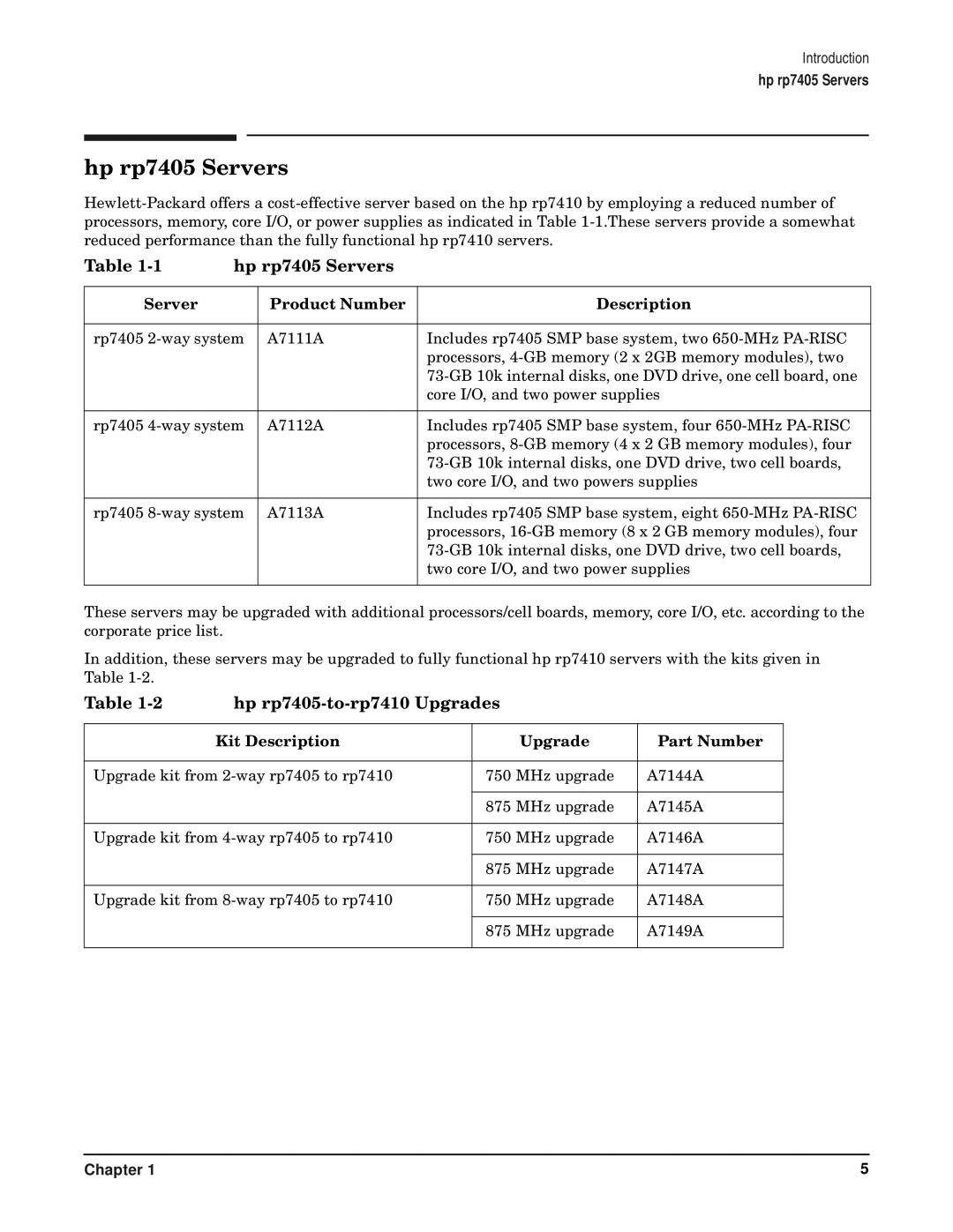 HP RP7405/7410 manual Hp rp7405 Servers, Hp rp7405-to-rp7410 Upgrades, Server Product Number Description 