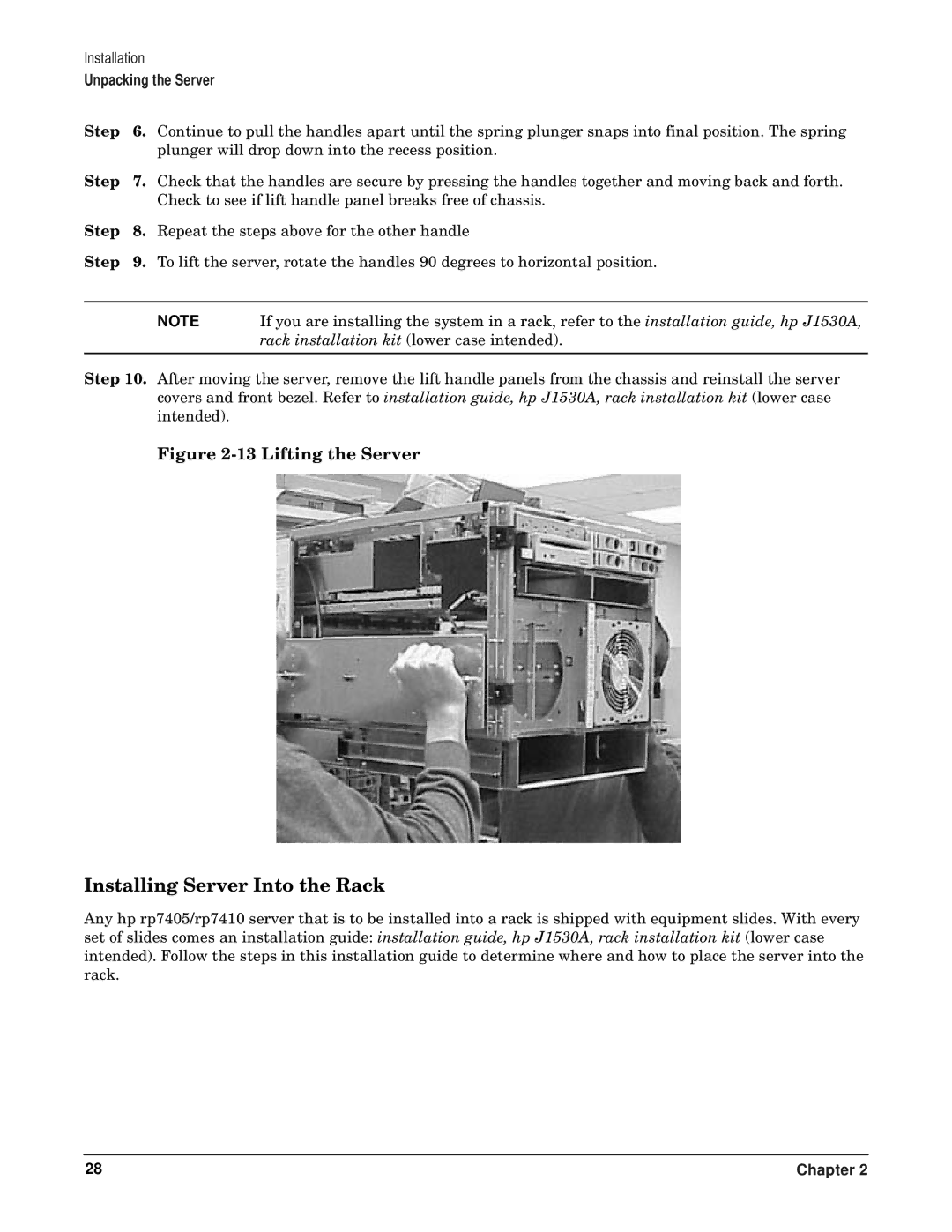 HP RP7405/7410 manual Installing Server Into the Rack, Lifting the Server 