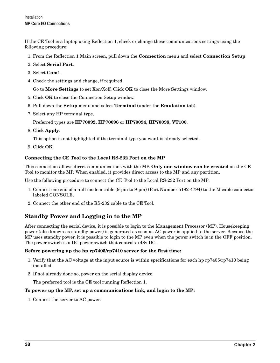 HP RP7405/7410 manual Standby Power and Logging in to the MP, Select Serial Port 