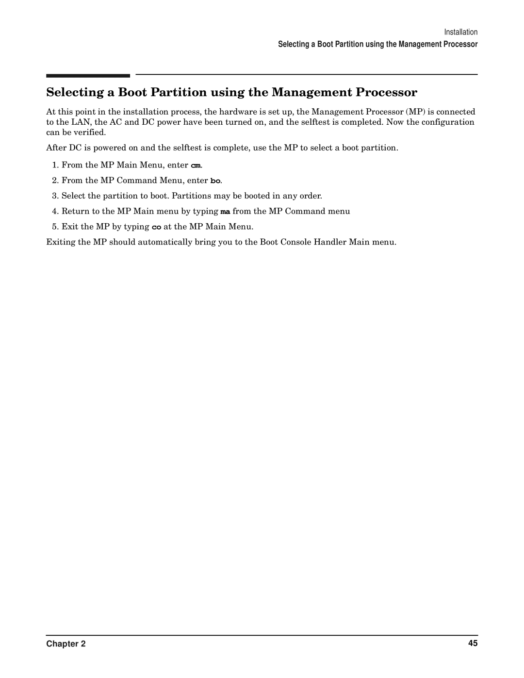 HP RP7405/7410 manual Selecting a Boot Partition using the Management Processor 