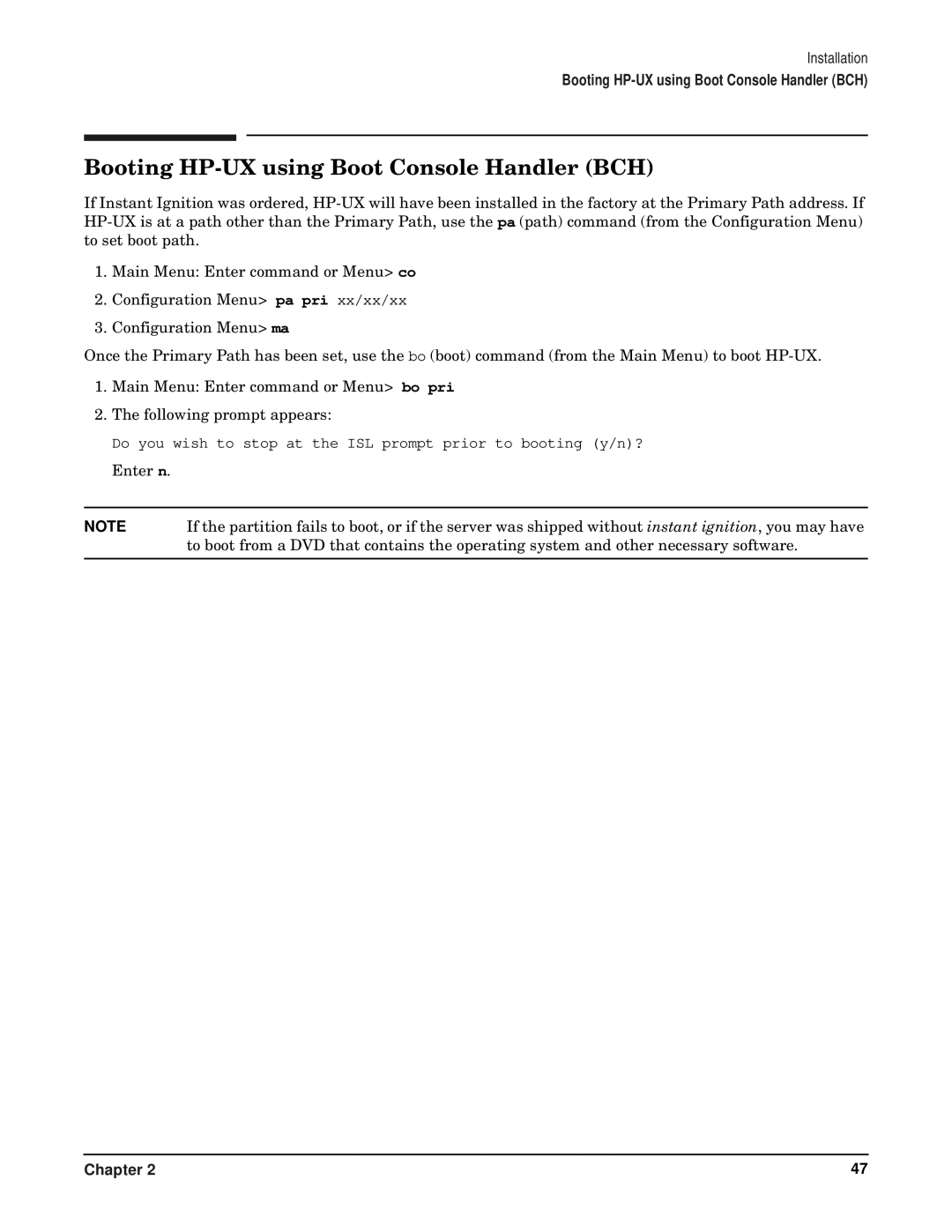 HP RP7405/7410 manual Booting HP-UX using Boot Console Handler BCH 