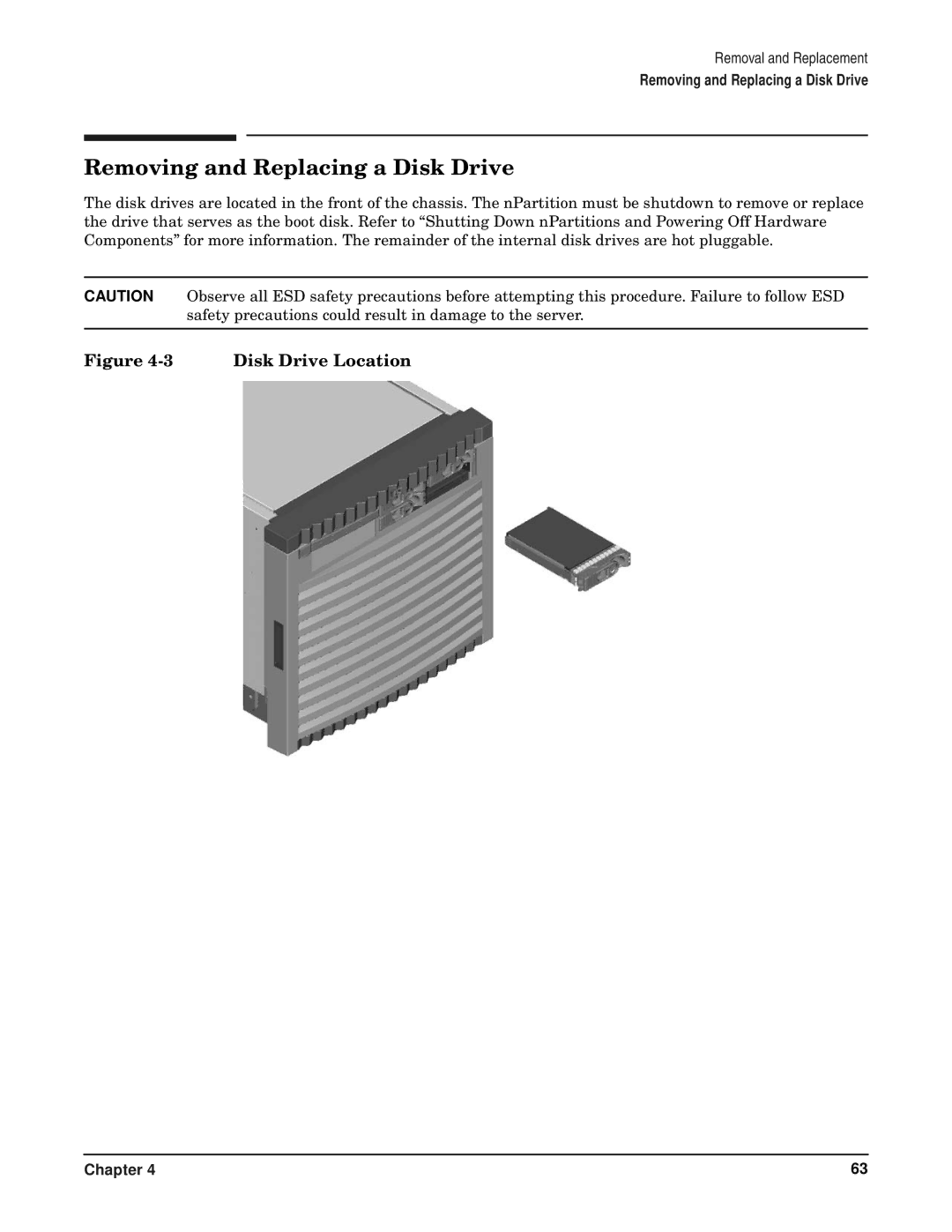 HP RP7405/7410 manual Removing and Replacing a Disk Drive, Disk Drive Location 