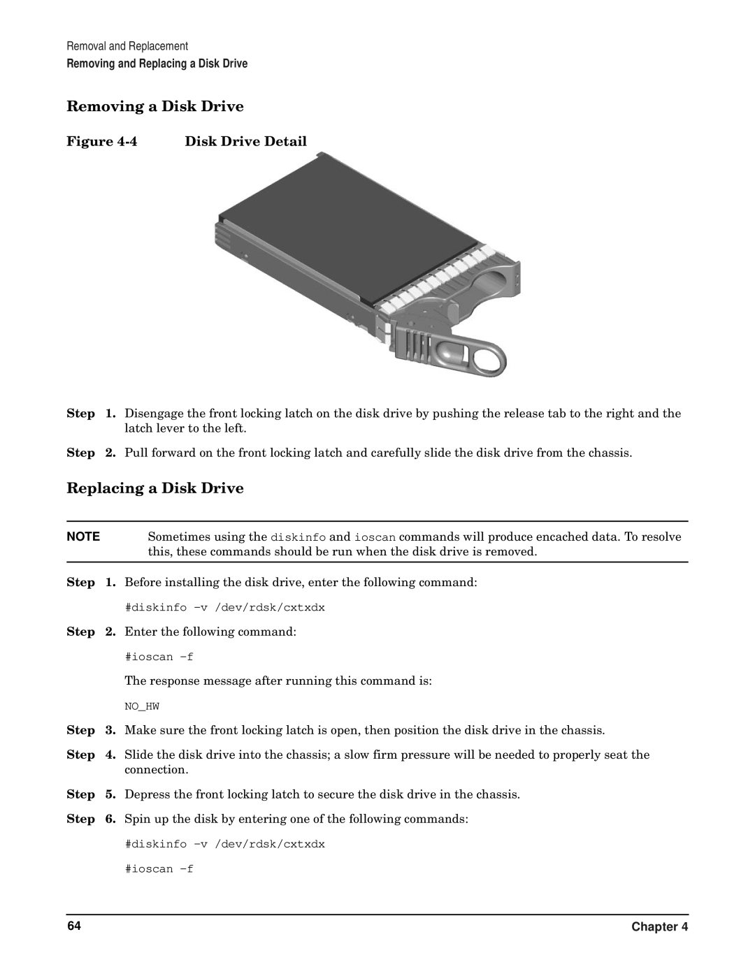 HP RP7405/7410 manual Removing a Disk Drive, Replacing a Disk Drive 