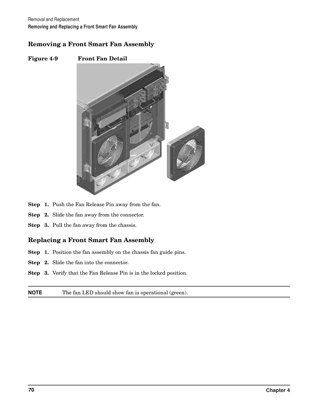 HP RP7405/7410 manual Removing a Front Smart Fan Assembly, Replacing a Front Smart Fan Assembly, Front Fan Detail 