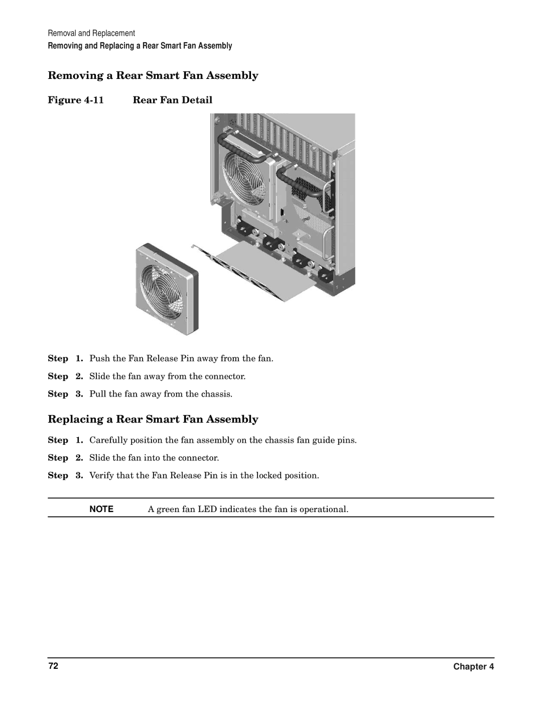 HP RP7405/7410 manual Removing a Rear Smart Fan Assembly, Replacing a Rear Smart Fan Assembly, Rear Fan Detail 