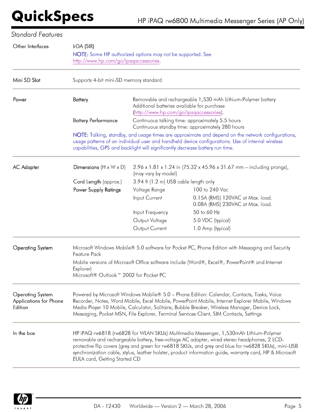 HP rw6800 Other Interfaces IrDA SIR Mini SD Slot, Power Battery, Battery Performance, AC Adapter Dimensions H x W x D, Box 