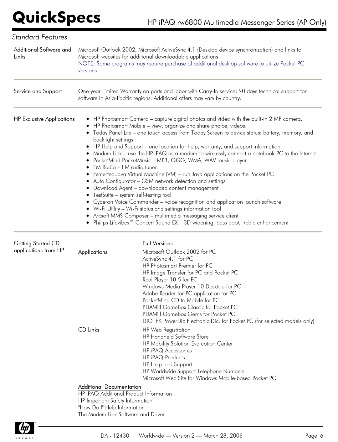 HP rw6800 manual Getting Started CD Full Versions Applications from HP, CD Links, Additional Documentation 