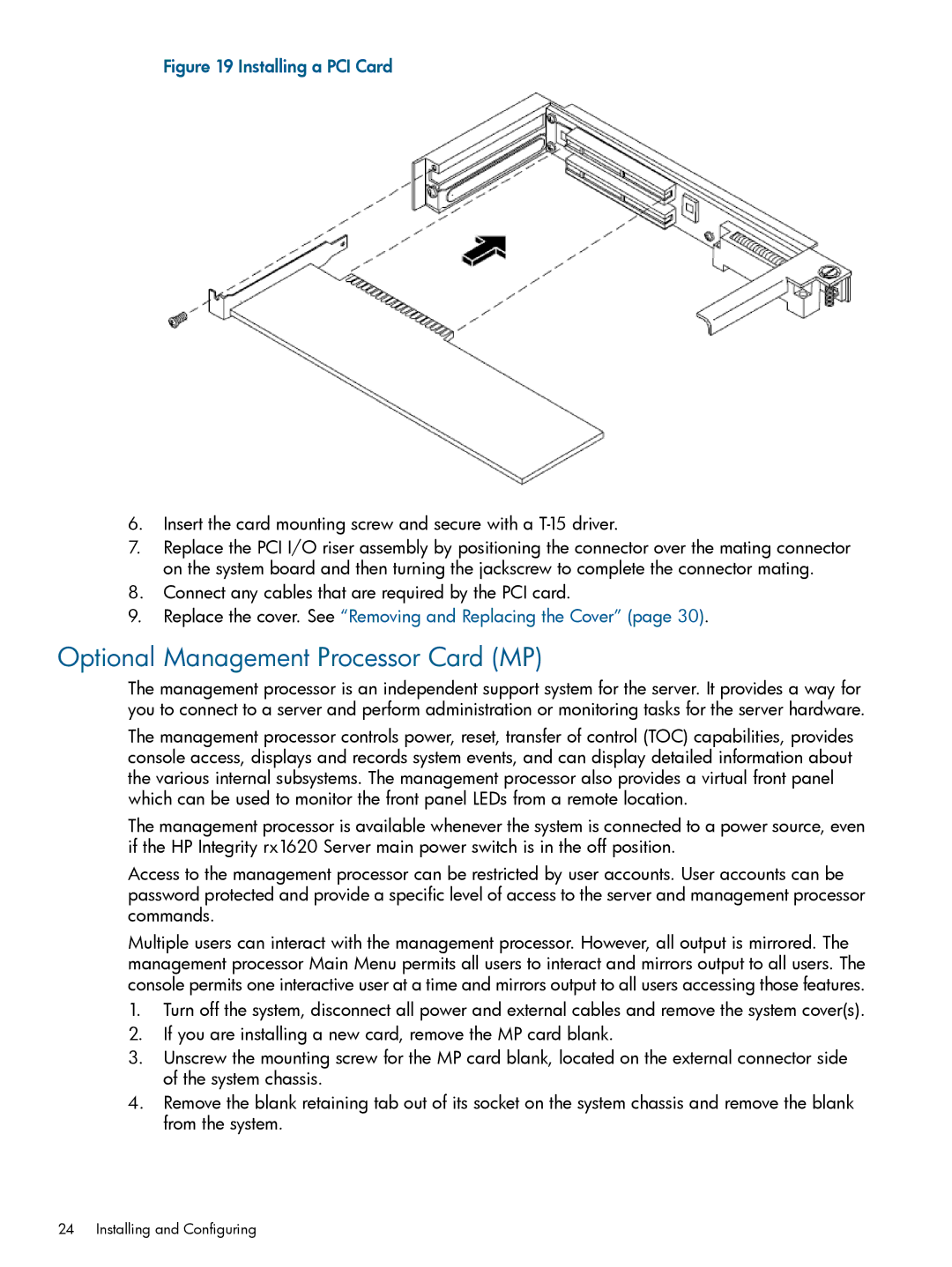 HP rx1620 manual Optional Management Processor Card MP, Installing a PCI Card 