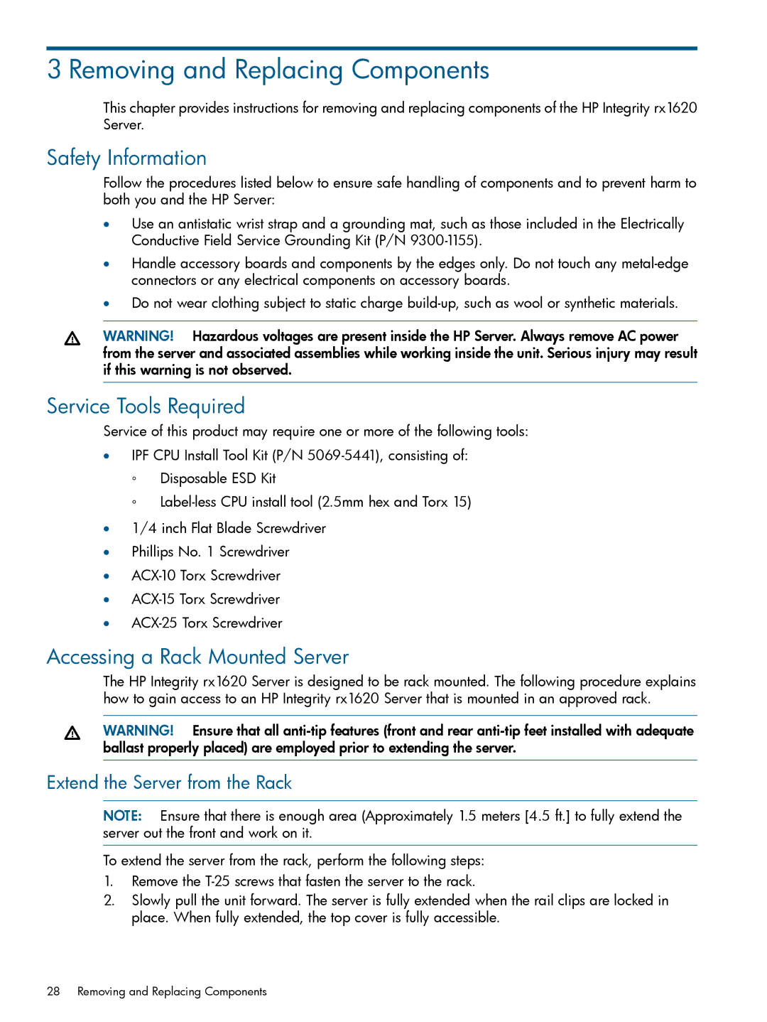 HP rx1620 manual Safety Information, Accessing a Rack Mounted Server, Extend the Server from the Rack 