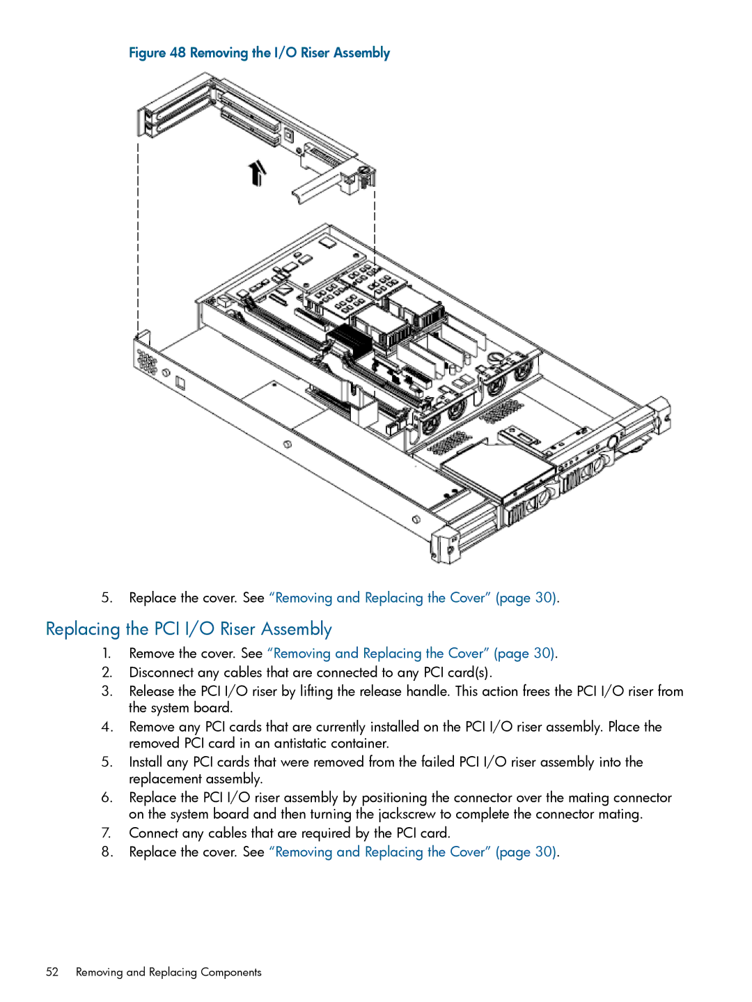 HP rx1620 manual Replacing the PCI I/O Riser Assembly 