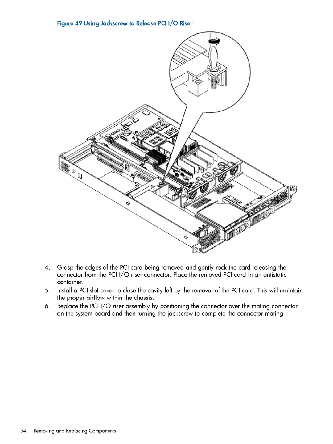 HP rx1620 manual Using Jackscrew to Release PCI I/O Riser 