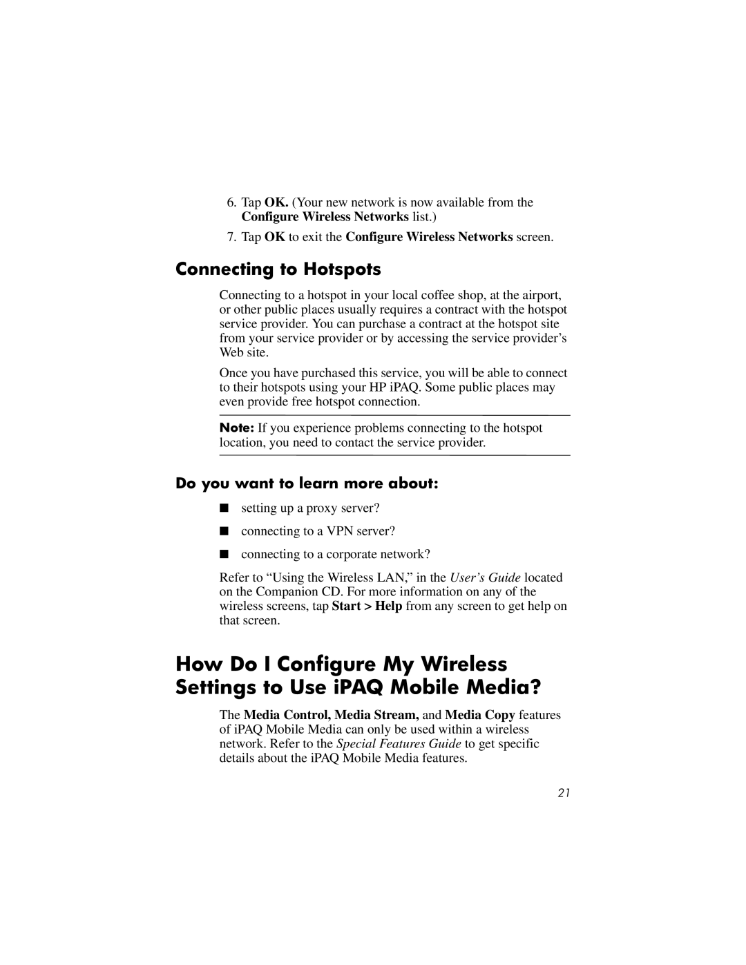 HP RX3000 manual Connecting to Hotspots, Tap OK to exit the Configure Wireless Networks screen 