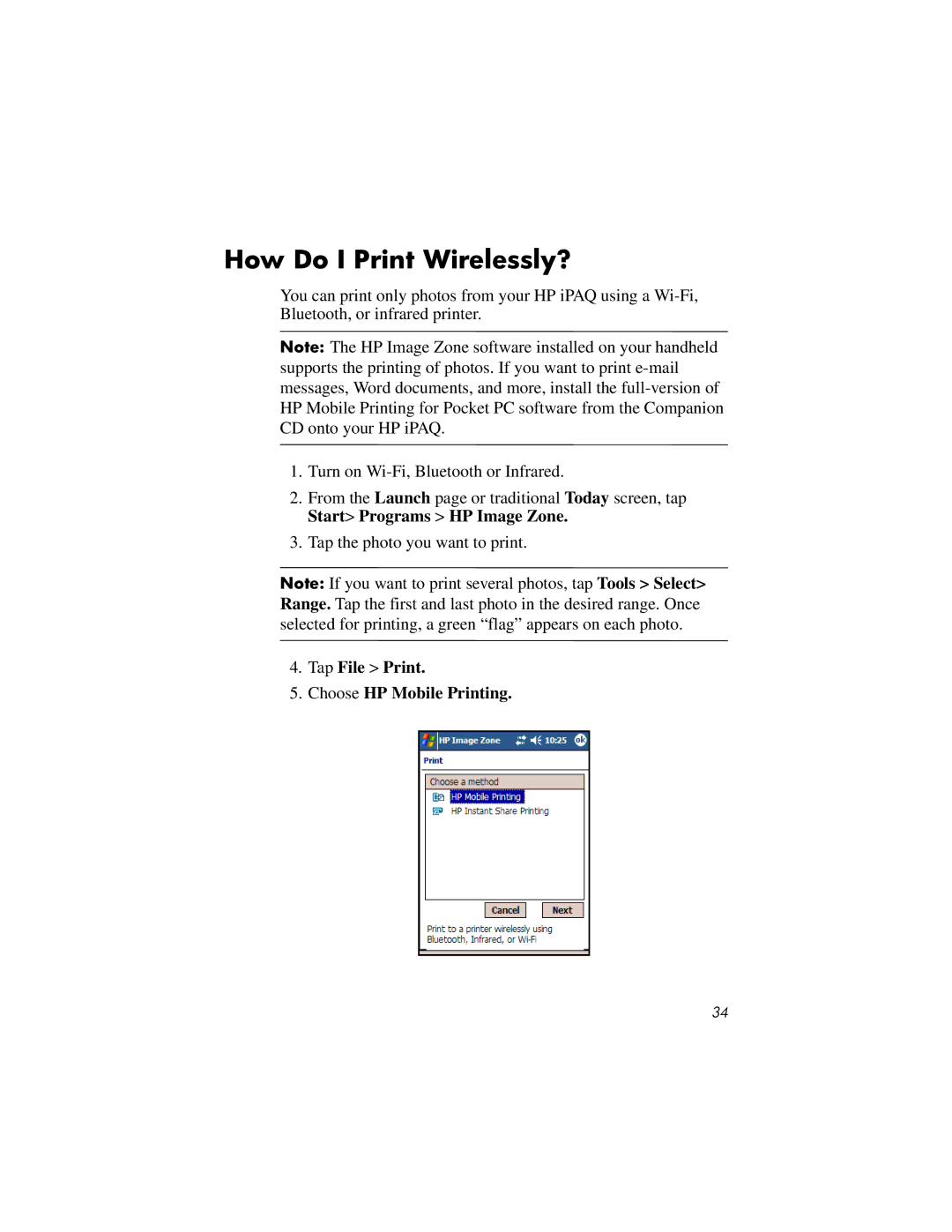 HP RX3000 manual How Do I Print Wirelessly?, Tap File Print Choose HP Mobile Printing 