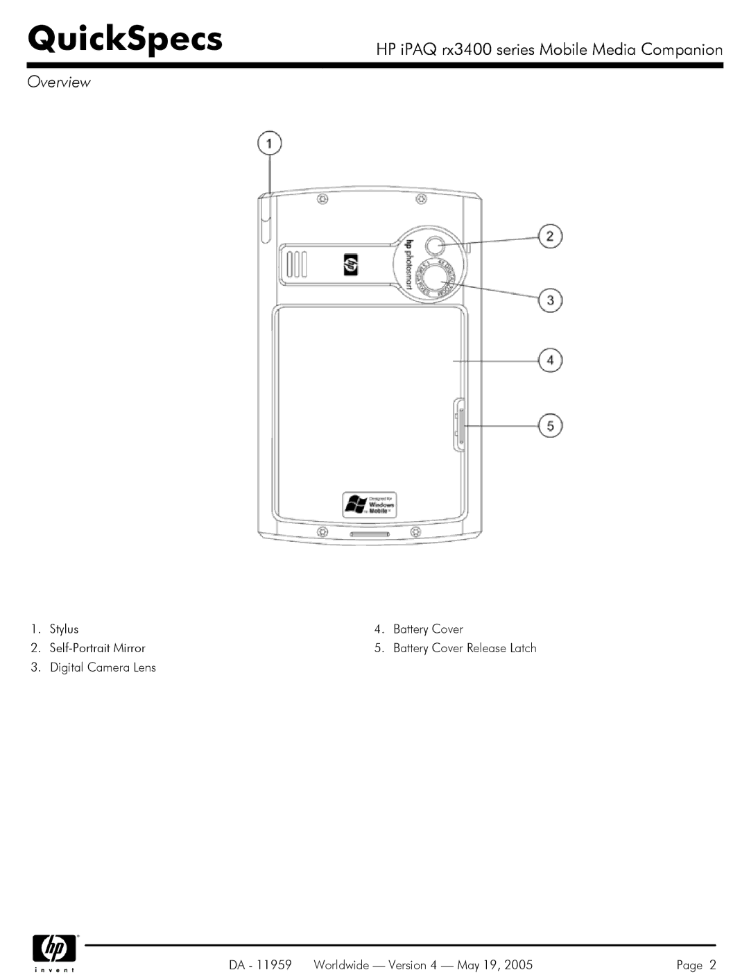 HP rx3400 manual Stylus Battery Cover Self-Portrait Mirror 