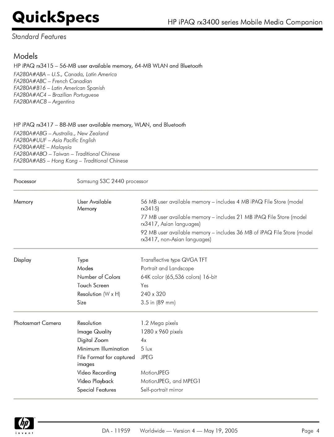 HP rx3400 Processor, Memory User Available, Display Type, Modes, Number of Colors, Touch Screen, Resolution W x H, Size 