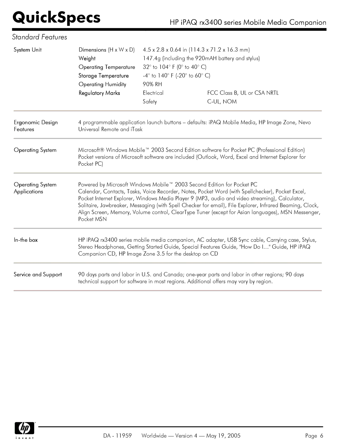 HP rx3400 manual System Unit Dimensions H x W x D, Weight, Operating Temperature, Storage Temperature, Operating Humidity 