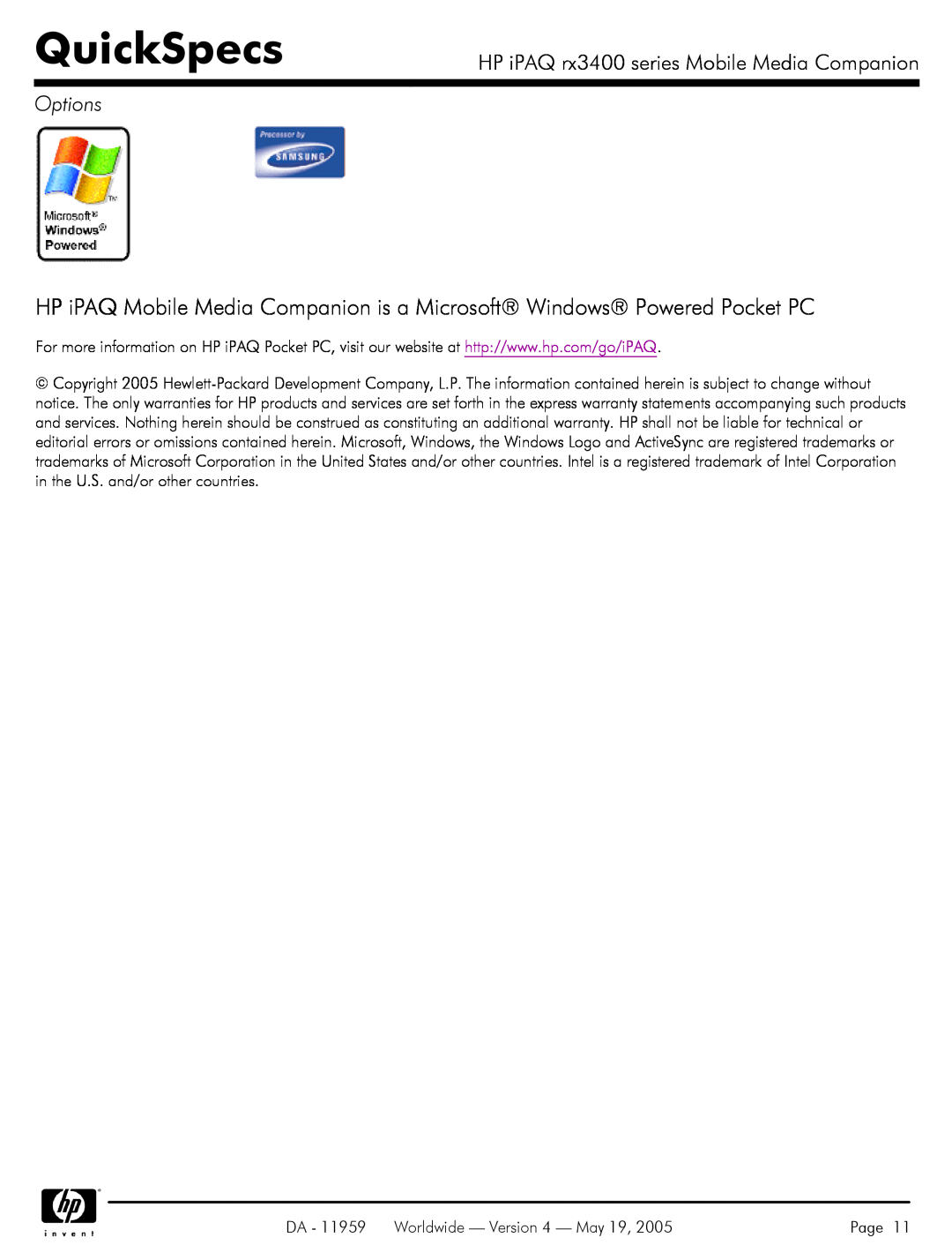 HP manual QuickSpecs, HP iPAQ rx3400 series Mobile Media Companion, Options 