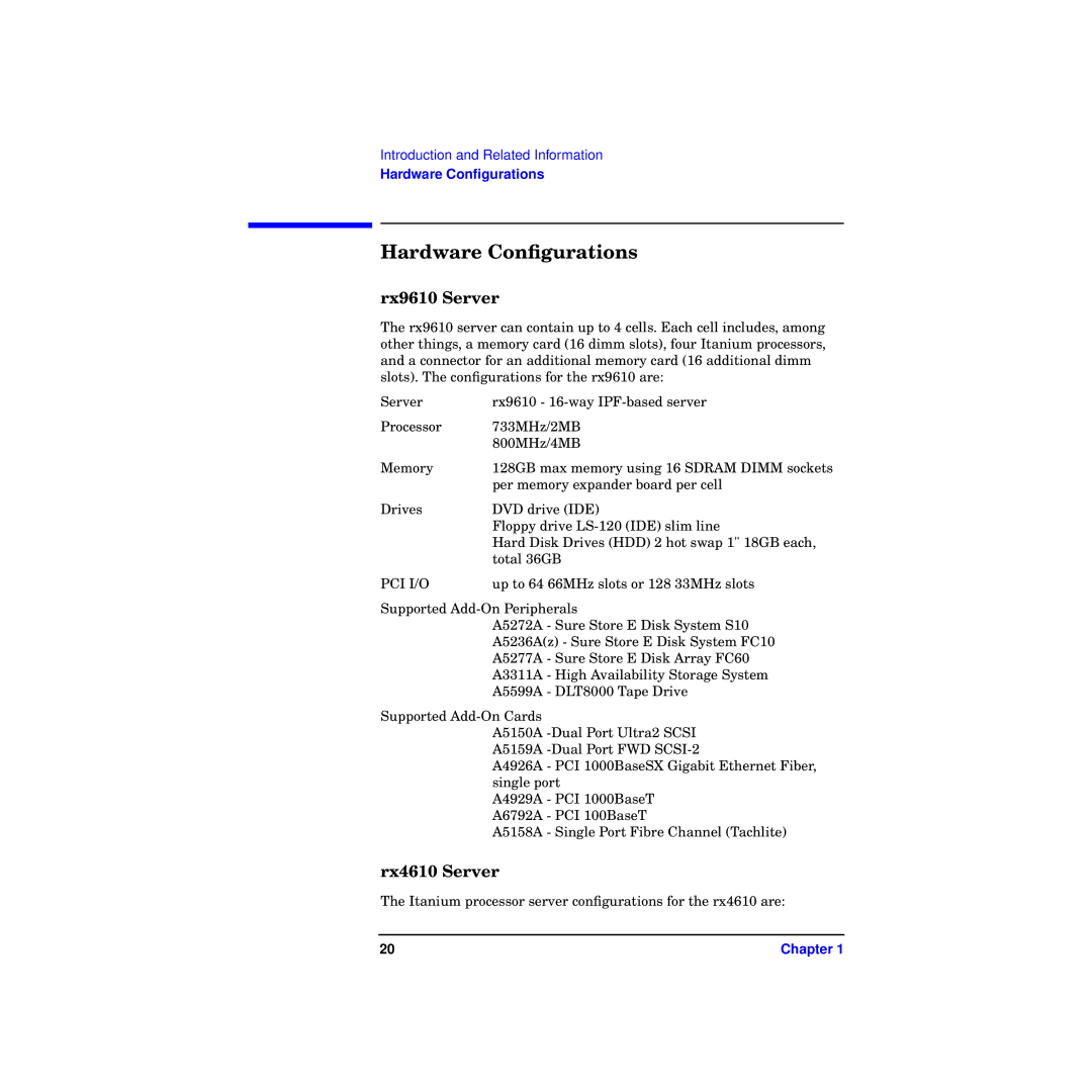 HP RX4610 manual Hardware Conﬁgurations, Rx9610 Server, Rx4610 Server 