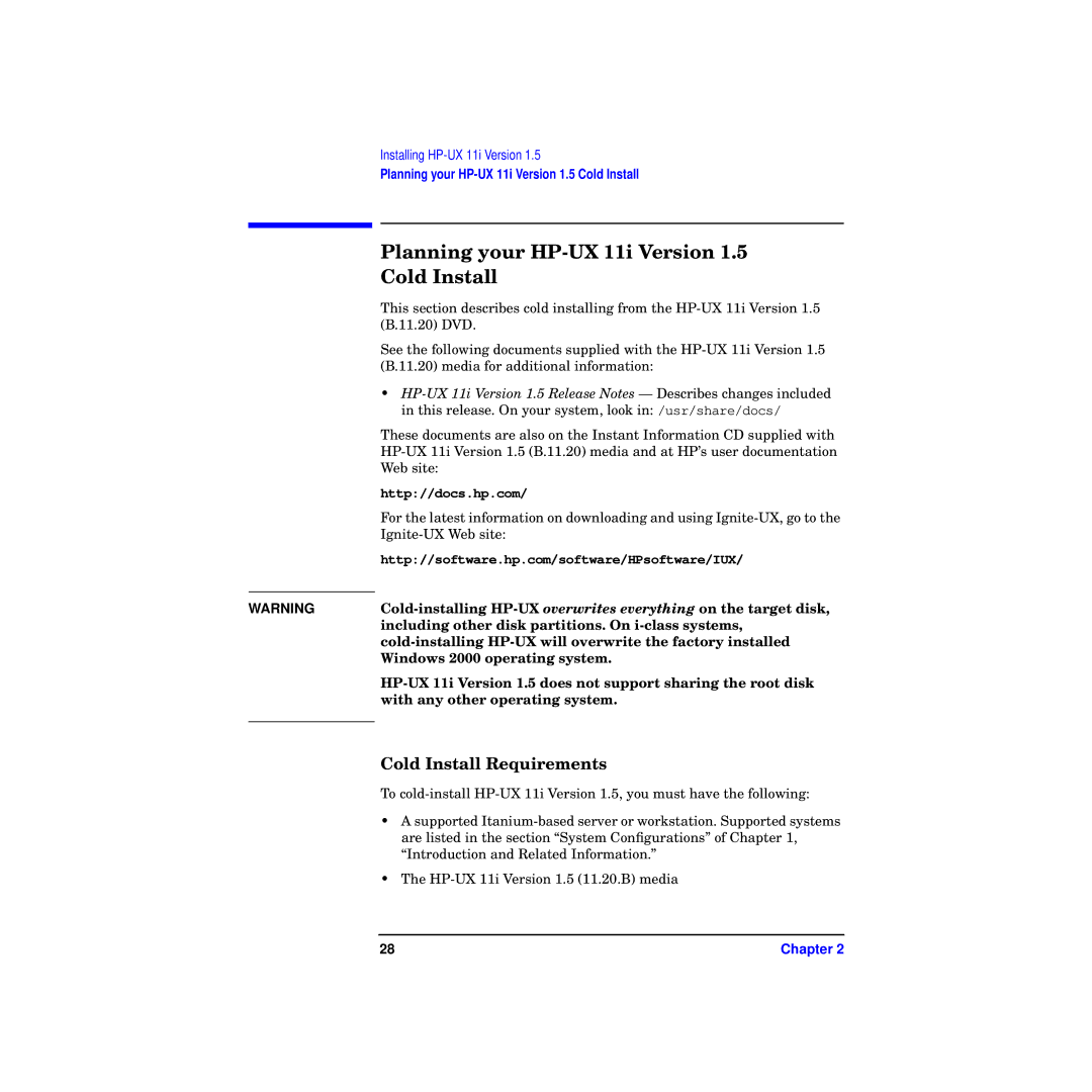 HP RX4610 manual Planning your HP-UX 11i Version 1.5 Cold Install, Cold Install Requirements 