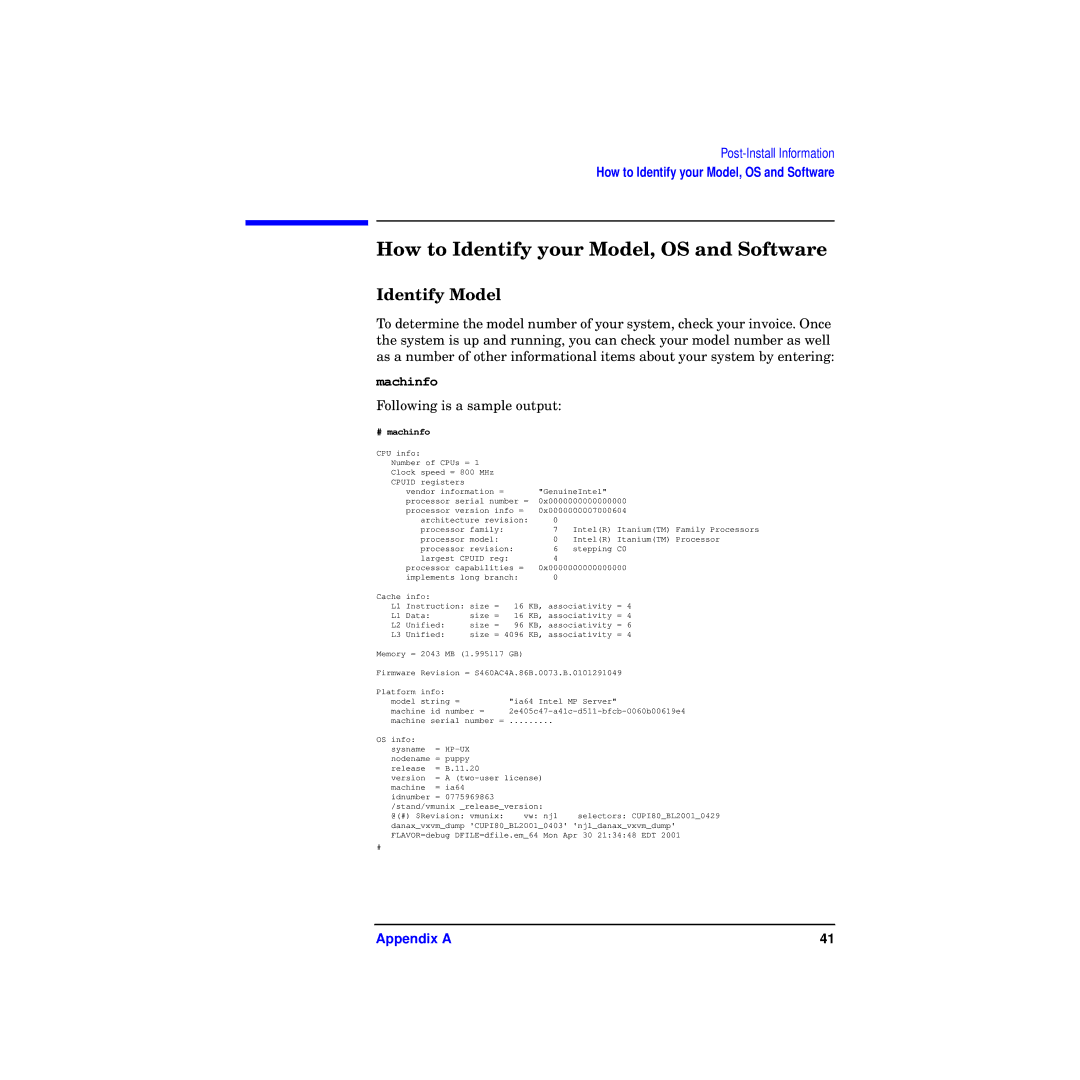 HP RX4610 manual How to Identify your Model, OS and Software, Identify Model, Machinfo 