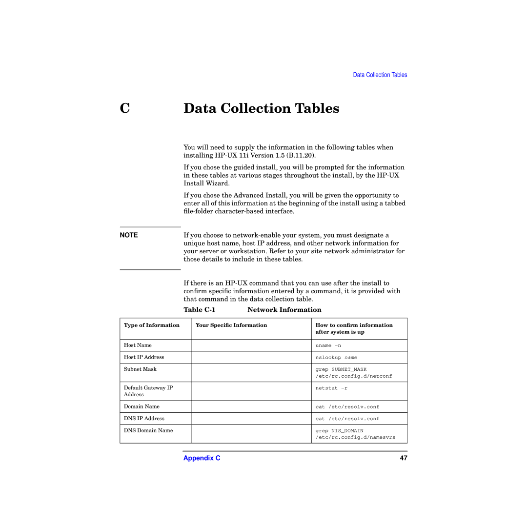 HP RX4610 manual Data Collection Tables, Table C-1 Network Information 