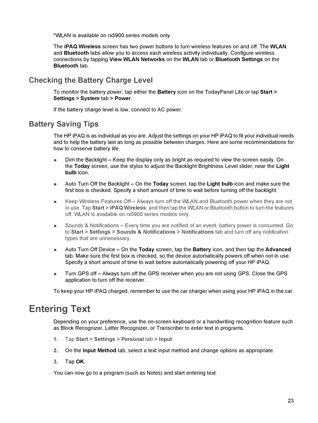 HP rx5900 manual Entering Text, Checking the Battery Charge Level, Battery Saving Tips 