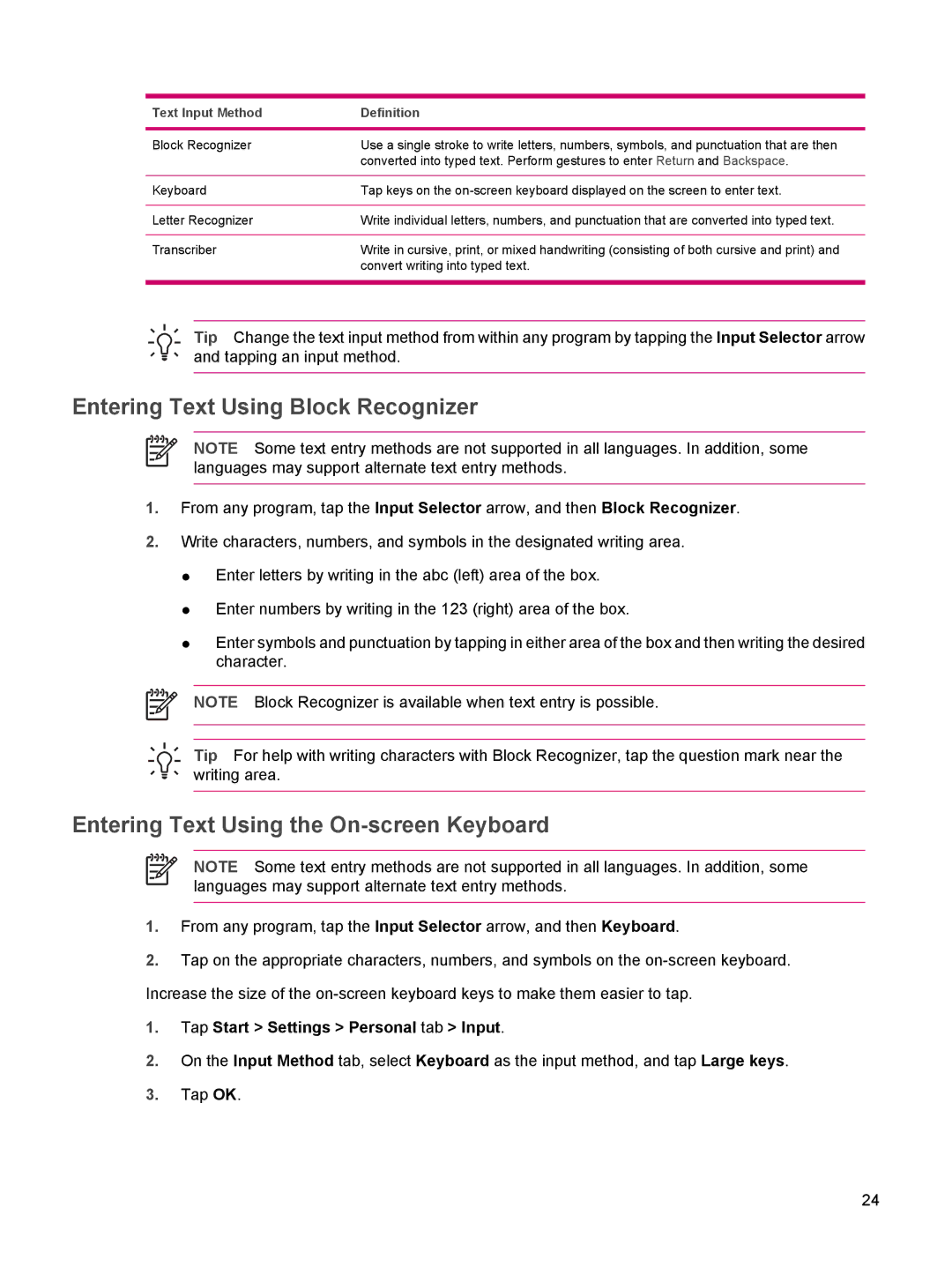 HP rx5900 manual Entering Text Using Block Recognizer, Entering Text Using the On-screen Keyboard 