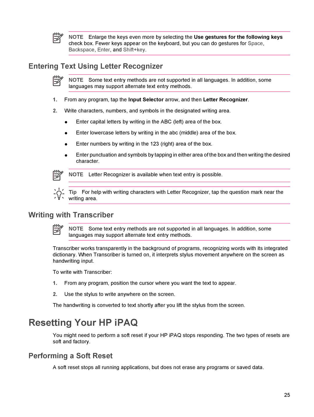 HP rx5900 Resetting Your HP iPAQ, Entering Text Using Letter Recognizer, Writing with Transcriber, Performing a Soft Reset 