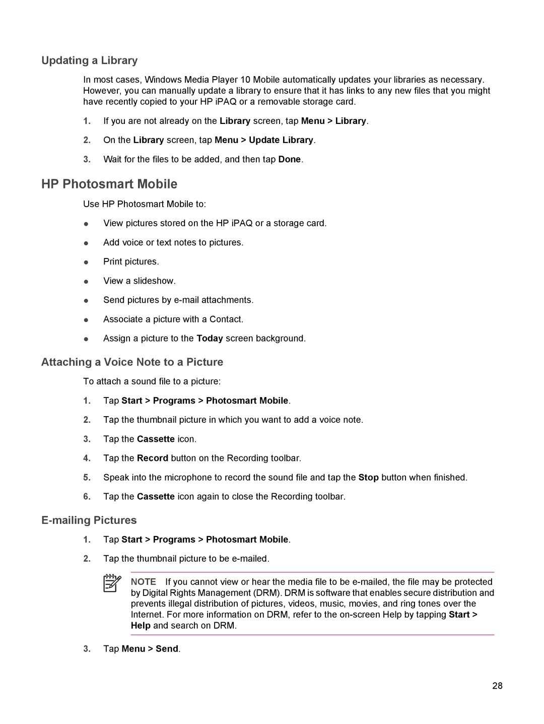 HP rx5900 manual HP Photosmart Mobile, Updating a Library, Attaching a Voice Note to a Picture, Mailing Pictures 