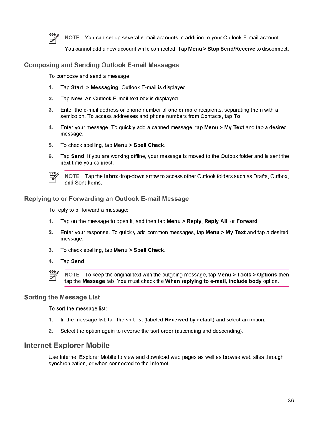 HP rx5900 manual Internet Explorer Mobile, Composing and Sending Outlook E-mail Messages, Sorting the Message List 