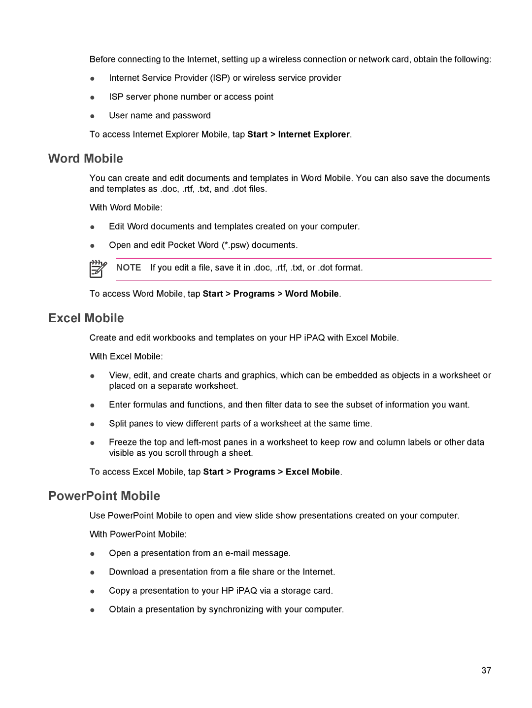 HP rx5900 manual Excel Mobile, PowerPoint Mobile, To access Word Mobile, tap Start Programs Word Mobile 