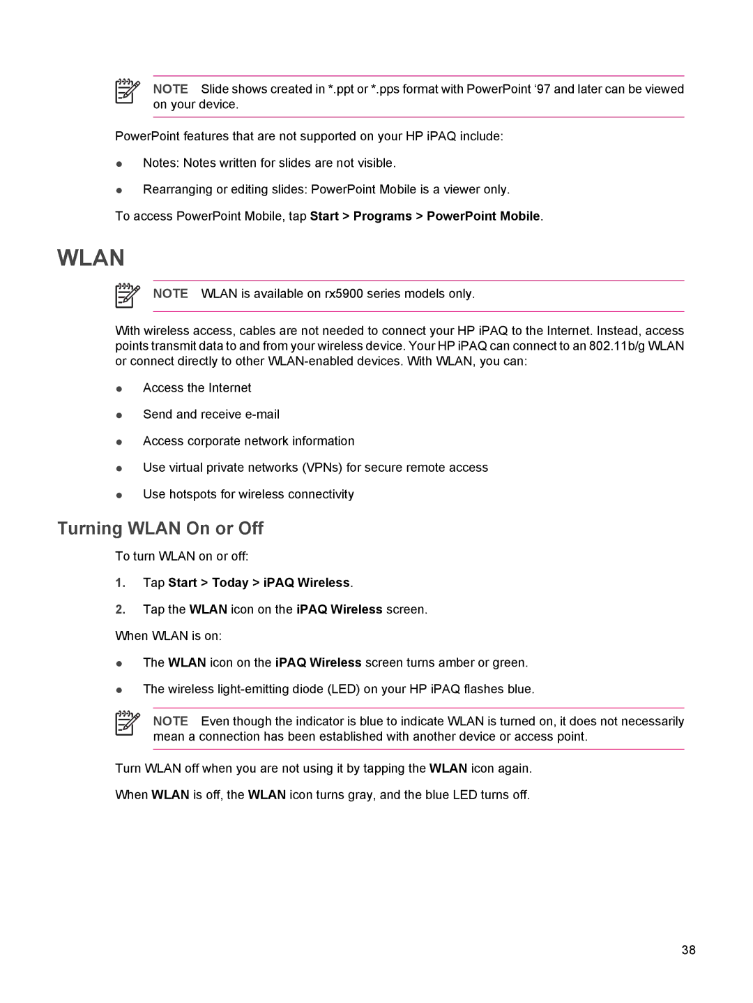 HP rx5900 manual Turning Wlan On or Off, Tap Start Today iPAQ Wireless 