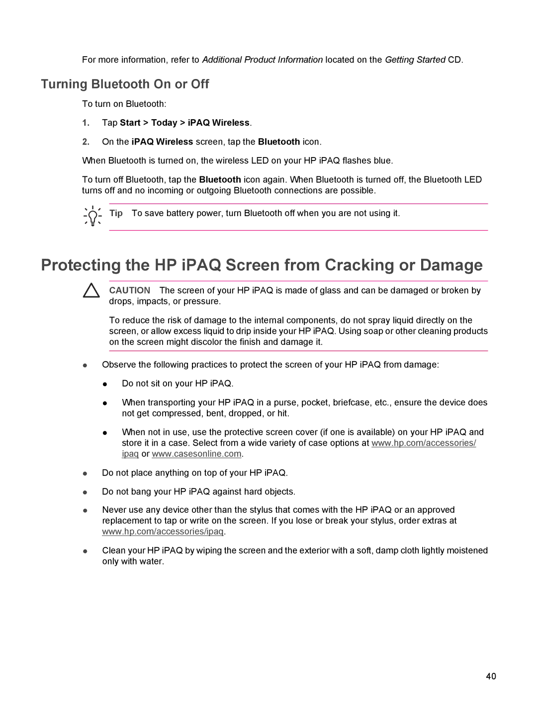 HP rx5900 manual Protecting the HP iPAQ Screen from Cracking or Damage, Turning Bluetooth On or Off 