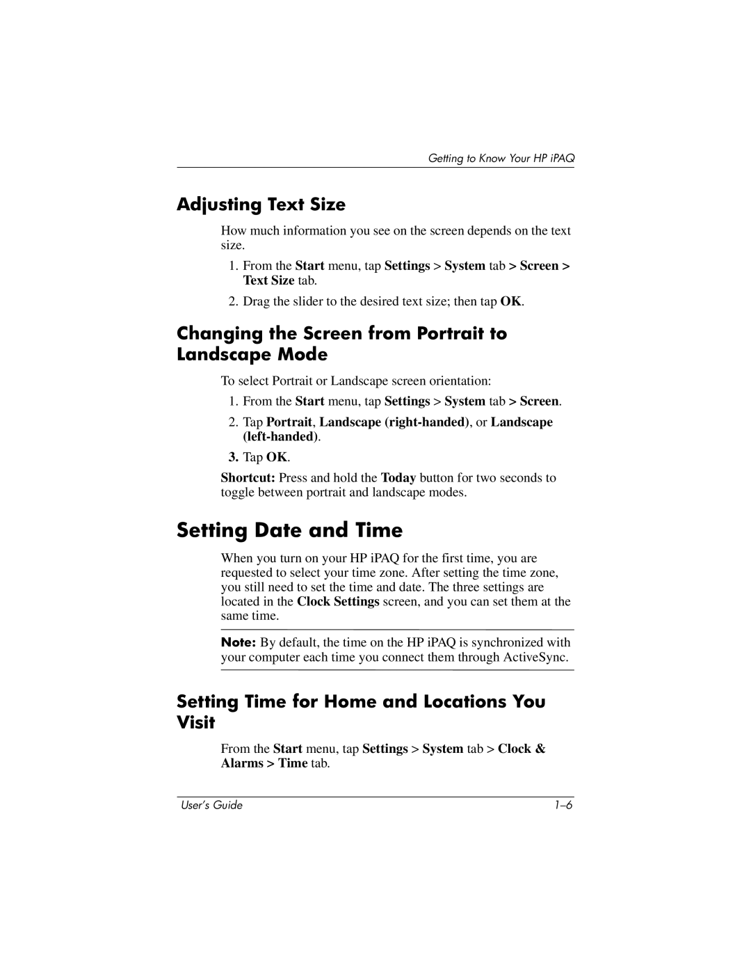 HP RZ1700 manual Setting Date and Time, Adjusting Text Size, Changing the Screen from Portrait to Landscape Mode 