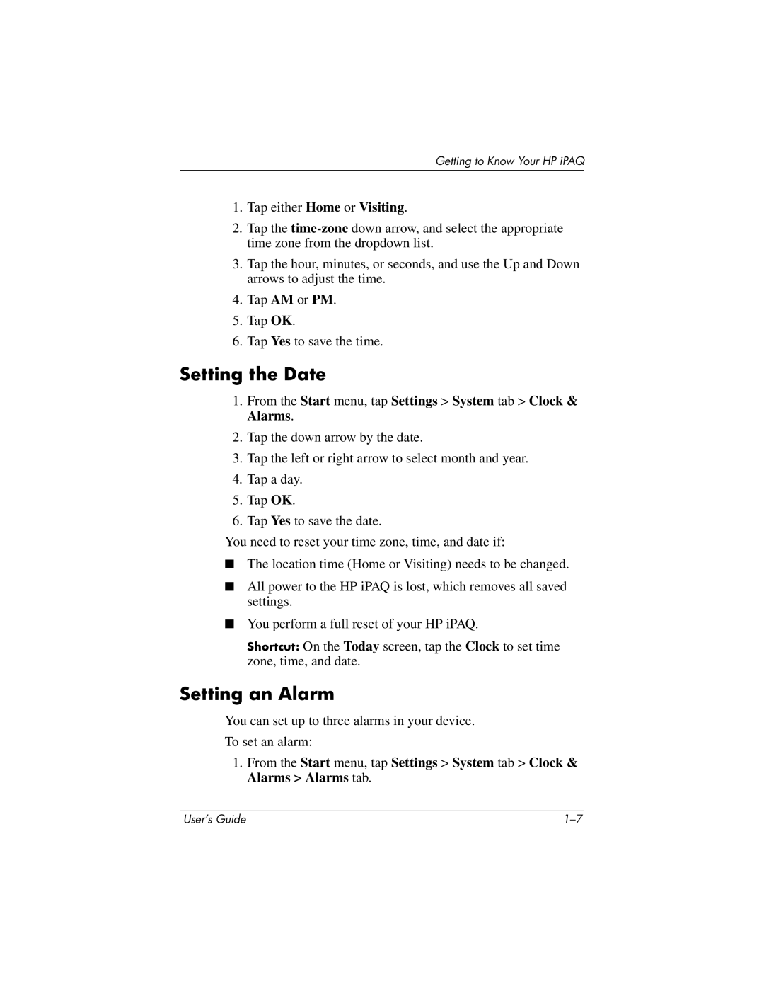 HP RZ1700 manual Setting the Date, Setting an Alarm, From the Start menu, tap Settings System tab Clock & Alarms 