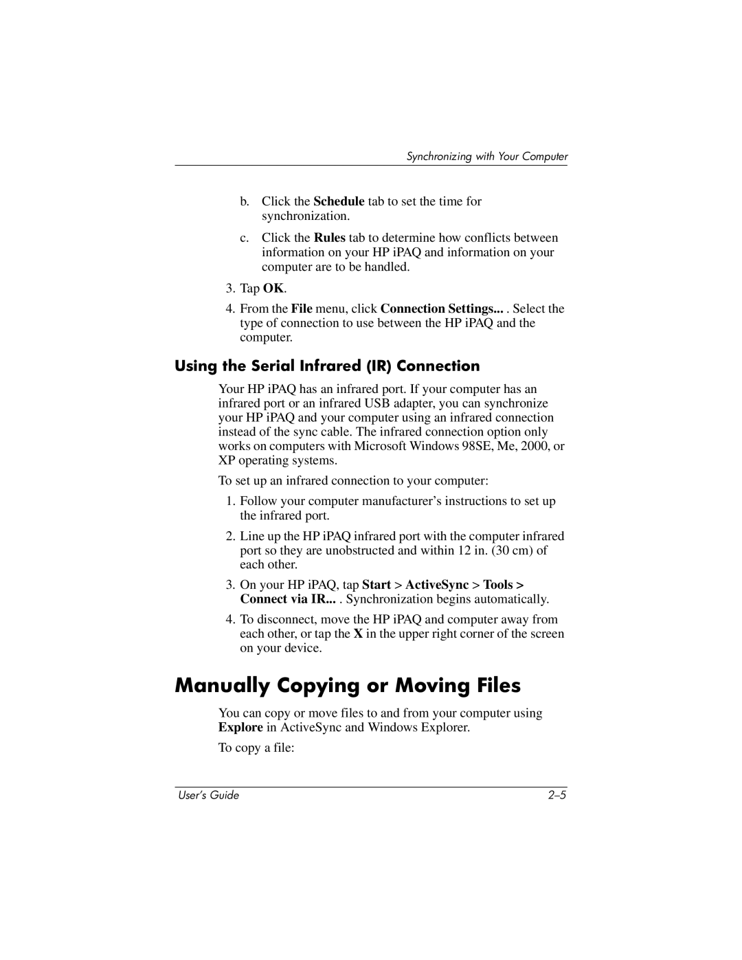 HP RZ1700 manual Manually Copying or Moving Files, Using the Serial Infrared IR Connection 